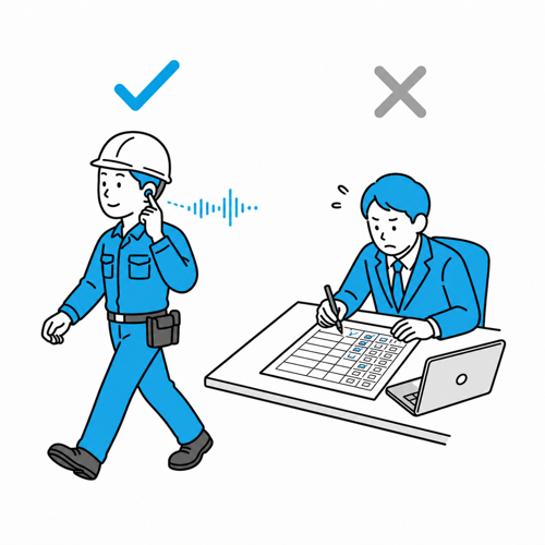 現場で働く社員と、机で管理表を見る社員
